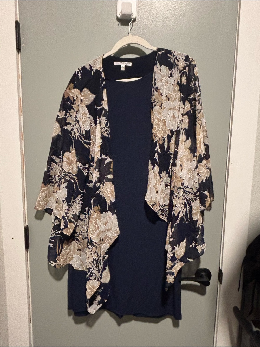 Studio One Navy Kimono Cardigan with Cream Floral Embroidery